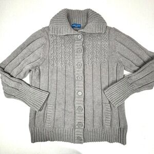 Karen Scott Sport Gray Cable Knit Cardigan Sweater Medium Grandpa Shawl Cozy EUC